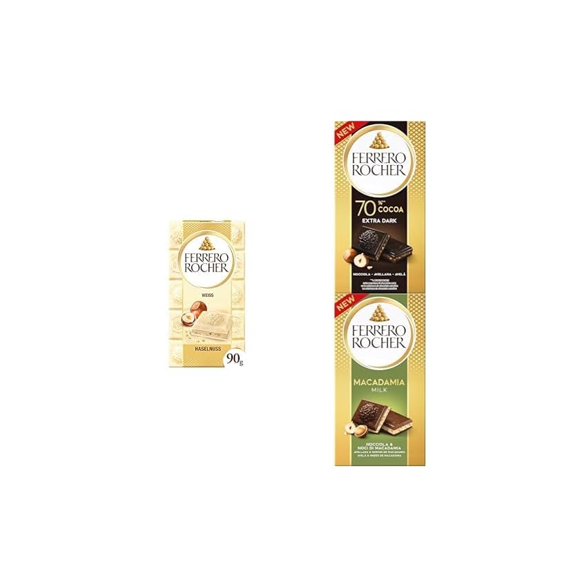 Ferrero Rocher, 3 Tavolette di Cioccolato Rocher Assortite, Gusto Latte e Nocciola, Nocciola e Noci di Macadamia, Extra Fondente e Nocciola, 3 x 90 Grammi