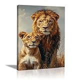 WIKEO Cuadro en Lienzo Grafitis León Natural del Bosque Retro Imágenes de Animal están Impresión en Lienzo, Cuadros Modernos para Sala de estar Baño Corredor（Oro-50x70cm Enmarcado