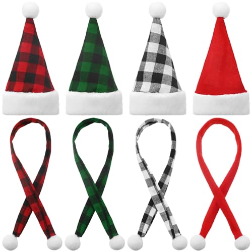 Geyoga 8 Pcs Mini Santa Hats and Scarves Decor Doll Christmas Accessories Small Gnome Hat for Craft DIY for Wine Bottle Gifts(Black, Red, Green,Plaid)