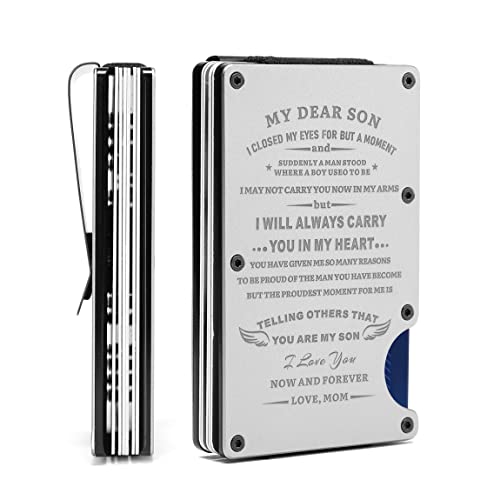 To My Son Gift | Personalized Engraved Minimalist Metal Wallet from Mom Mother | Men Love Message Custom Slim Aluminum Card Holder with Money Clip | Graduation Birthday Wedding Christmas Deployment