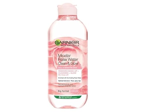 Garnier Micellar Rose Cleansing Water For Dull Skin, Glow Boosting Cleanser and Makeup Remover, Big Format, Optimal Tolerance - Face, Eyes, Lips, 400 ml