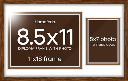 Image of Homeforia 11x18 Brown Diploma Frame with Photo, High End Oak 11 x 18 Certificate Wood Frame with Mat 8.5 x 11 Diploma and 5x7 Picture, Walnut Wooden Document Frames, Tempered Glass, Wall Kit, Set of 3