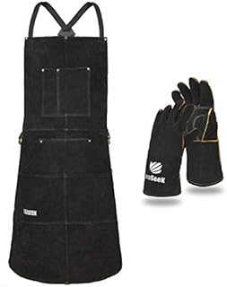 LeaSeek Leather Welding Apron,Heat & Flame-Resistant Heavy Duty Work Apron with 6 Pockets