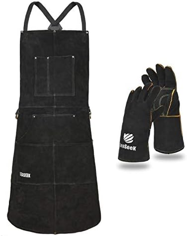Leather Work Apron with Gloves - 6 Tool Pockets for Men& Women - Welding Apron - Ideal for Woodworking, Blacksmithing, Gardeners, Mechanics, BBQ - Adjustable M to XXXL
