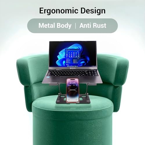Image of ZEBRONICS NS3500, Foldable Laptop Stand, with Mobile Stand, Upto 17 inch Compatible, Multi-Angle Adjustment, Anti-Slip Silicone Pads, Carbon Steel Body, Anti-Rust, for Laptop, Smartphones and Tablets