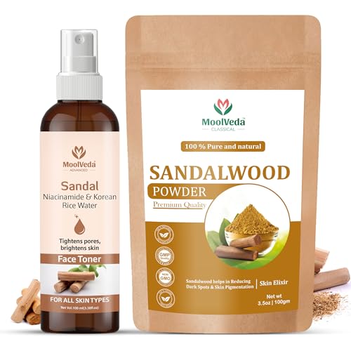 Image of Sandalwood Powder & Sandal Niacinamide Korean Rice Water Face Toner Combo | Brightening & Pore Tightening Skincare | Natural Face Pack + Hydrating Toner for Glowing Skin | All Skin Types (100gm, 100ml)