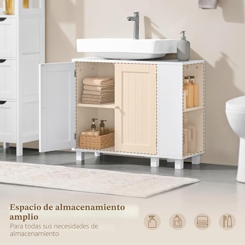 Miniatura 4 de Yaheetech Mueble Bajo Lavabo, Armario De Baño, Apto Para Lavabos Con Pedestal, Con Armario De Dos Puertas Estantes Ajustables Armario De Baño Con Almacenamiento Lateral Abierto Ganchos, Blanco