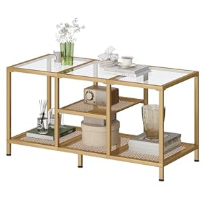 JARHETUN Glass Coffee Table, Coffee Tables for Living Room, Small Center Table, Modern Coffee Table with Open Storge&Metal Frame, Rectangular Coffee Tables for Small Space, Home Office, Gold