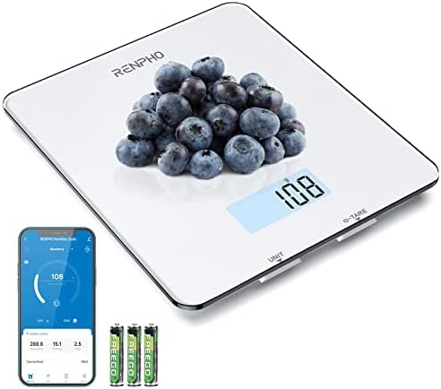 RENPHO Food Scale, Kitchen Scale for Food Ounces and Grams, Smart Cooking Calorie Scale with Timer, Nutritional Analysis with App for Keto Macro Weight Loss, White, 11lb/5kg