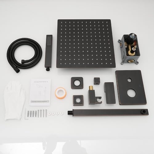 Image of Shower Faucet Set Complete, Wall Mount Shower System for Bathroom 12 Inch High-Pressure Rainfall Shower with Handheld, Rough-in Valve Body and Trim Kit, Oil Rubbed Bronze