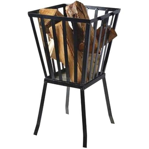 Garden Mile Large Outdoor Fire Pit Garden Fire Basket Heater Black Powder Coated Paint Metal | Tiled Edging Brazier and Mesh Lid with Handle | Firepit Table with Fire Poker For Garden (Square Basket)