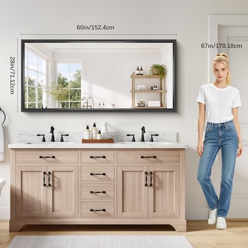 Image of Black Full Length Mirror, 60x28 inch Large Bathroom Mirrors for Over Sink, 0.6 inch Thickened Deep Frame Rectangular Wall Mirror, Brushed, Tempered Glass, Antirust, Horizontally /Vertically