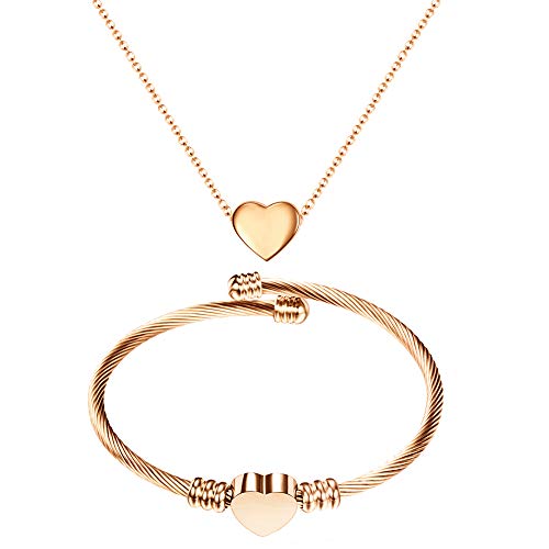 VQYSKO 2PCS Femme Fille Coeur Collier + Bracelet Ensemble de Bijoux L'amour Acier Inoxydable Gravure Personnalisé Saint Valentin Cadeau Exquis (et Boîte) (1 - Or Rose) Cover