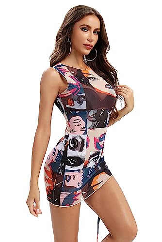 Image of ABMOIU Sexy Mini Print Mesh Dress for Women, See Through Sleeveless Stretchy Bodycon Short Summer Dresses