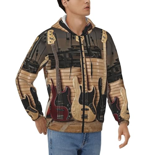 Sweat à capuche homme imprimé guitare et basse à manches longues zippé