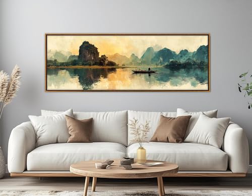 Peinture sur toile aquarelle TONGYINLI 55x165cm de bateaux et montagnes