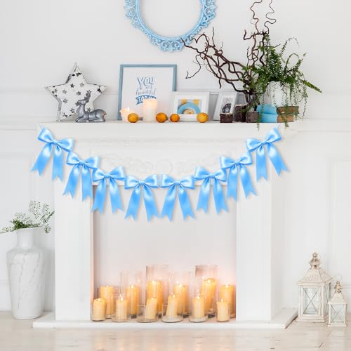 Image of 1 String of 8PCS Blue Bow Garland Banner Decoration,Pre-Strung Satin Ribbon Ornaments for Birthday,Bachelorette Party,Bridal Shower,Wedding,Engagement,Baby Shower,Graduation Decor,Anniversary