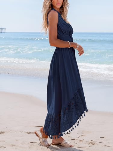 Image of CUPSHE Women's Maxi Dress V Neck Sleeveless Lace Tassel Smocked Waist Cover Up Beach Formal Long Dress