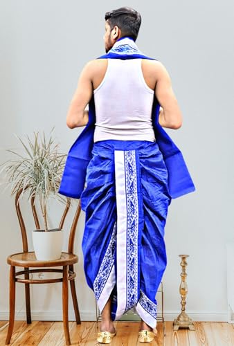 Image of Men's Ethnic | Traditional Ready to wear (Pant System) Readymade Panchakacham Dhoti With Angavastram(Towel) Set, Tassar Silk, Free Size (GC002)