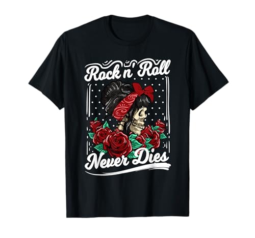 Rock n Roll Never Dies Rockabilly Girl Skull Tattoo Pin-Up Camiseta