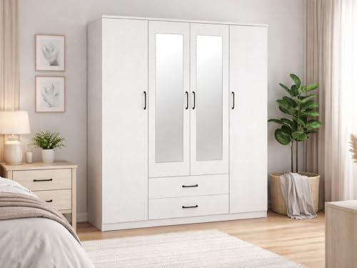 Proconfort Armoire Valentina 4 Portes avec Penderie, Étagères et 2 Tiroirs, Rangement pour...