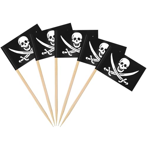 AhfuLife 100Pcs Drapeau Cure-dent Pirate, Mini Drapeau Cocktail de Pirates, Cure dents Pirate pour Anniversaire Thème de Pirates, Decor Cupcake Topper,...