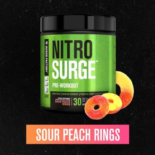 Image of Jacked Factory NITROSURGE Pre Workout Supplement - Endless Energy, Instant Strength Gains, Clear Focus, Intense Pumps - NO Booster & Powerful Preworkout Energy Powder - 30 Servings, Sour Peach Rings
