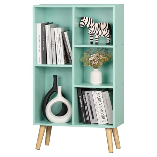 LEYAOYAO 5 Cube Bookshelf 3-Tier Bookcase with Legs,Mint Green Kids Book Shelf Cute Storage Organizer,Free Standing Open Toy Shelves Wood Bookshelves,Display Bookcases for Bedroom,Living Room,Nursery