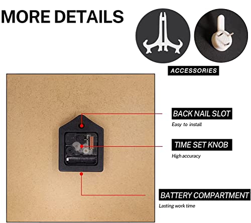 Eeiveun Red Black Grey Modern Irregular Abstract Wooden Wall Clock 12" Square Wall Clocks Battery Operated Silent Non Ticking Clock Kitchen Home Decor For Bathroom Bedrooms Office Living Laundry Room #TOP4