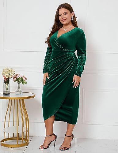 Image of ZOMVA Plus Size Velvet Wrap Dress Ruched Bodycon Dress Long Sleeves Ruffle Long Elegant Party Wedding Guest Cocktail Holiday