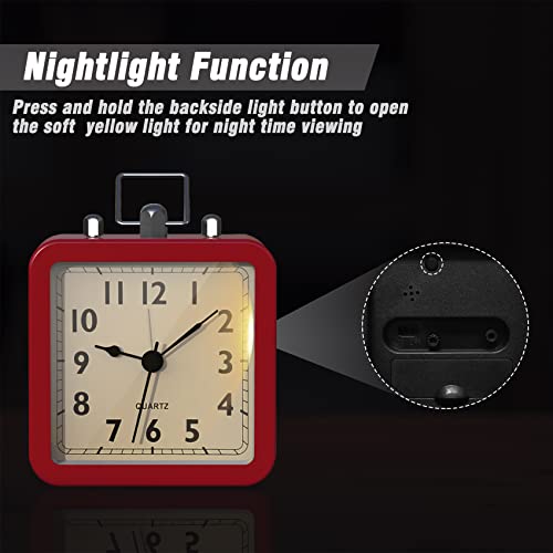 Image of AYRELY Small Metal Alarm Clock, Desk and Table Clock for Travel | Battery Operated Retro Silent Clock with Light for Bedroom, Bedside, Shelf and Living Room Decor (Matte Red)