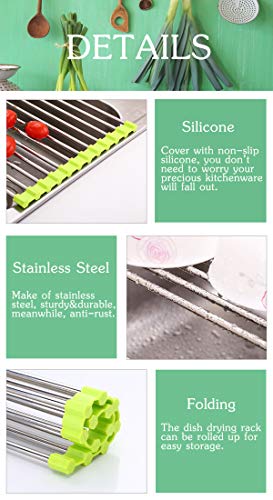 Image of Dish Drying Rack Large Stainless Steel Over the Sink Folding Roll-Up Dish Draining Rack 2 Pcs (green)