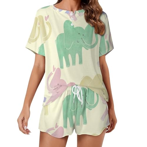 Pyjama femme manches courtes pour l'été, sleepwear vert et rose imprimé éléphant