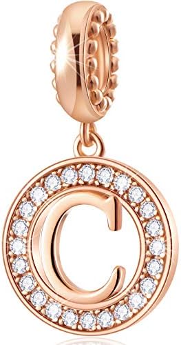 CHAWIN Initial A-Z Letter Charm Bead, Alphabet Charms Rose Gold, Authentic 925 Sterling Silver Charms fit Pandora Charm Bracelets, Necklace, Circle Dangle Charm for Women, Girls, Sparkling Clear Stone