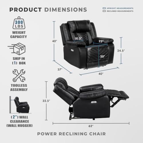 Image of Lexicon Faux Leather Power Recliner, Wall Hugger Reclining Chair, Black