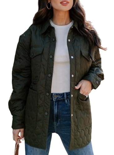 EVALESS Lightweight Diamond Quilted Jackets for Women Fashion Dressy Collar Long Sleeve Button Down Puffer Jacket Warm Winter Coat Outerwear with Pockets Green Large