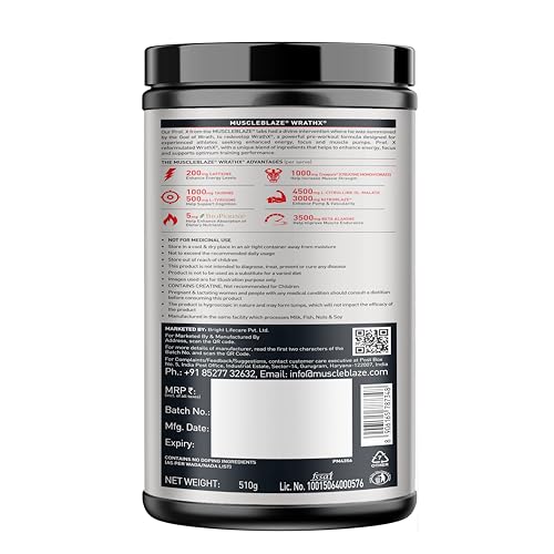 MuscleBlaze Pre Workout WrathX Powder, Mango Mayhem (30 Servings, 510g) | With Creapure, NitroBlaze & BioPerine