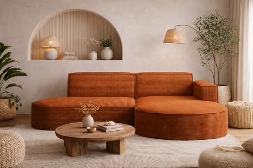 Kaiser Möbel - Ecksofa mit Wohnlandschaft, Eckcouch L-Form, Sofa 3-sitzer, Polstersofa, Bequemes Couch mit Ottomane für Wohnzimmer, Relaxsofa, Stilvolles Cord Sofa, Modena Studio, Ziegel, Rechts