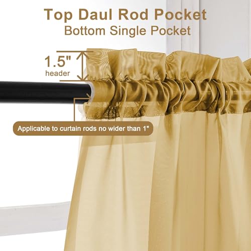 Image of Chyhomenyc Sheer Valances for Windows 2 Pack, Small Window Curtains for Living Room Bathroom, Modern Top Dual Rod Pocket Voile Basement Curtains, 42W x 14L inches, Gold