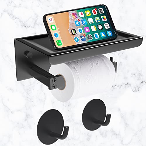 Portarrollos para Papel Higiénico, Acero Inoxidable Portarrollos Baño Adhesivo y Tornillos, Porta Rollos de Papel Higienico con el Teléfono Móvil Estante de Almacenamiento (Negro Mate) Cover