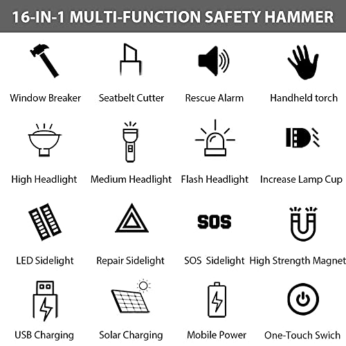 Sinsen Car Safety Hammer Flashlight, Tactical Emergency Rescue Tool, Led High Lumens Rechargeable Solar Powered Escape Kit, Window Glass Breaker And Seatbelt Cutter, Self Defense Multi-Function Torch #TOP6