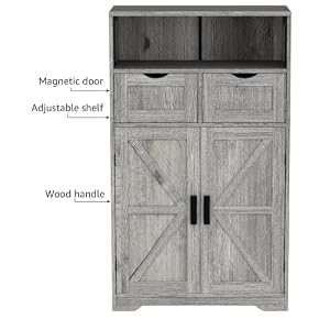 WEENFON Bathroom Cabinet Storage Cabinet with 2 Adjustable Drawers 2 Barn Doors Standing Cupboard with 2 Shelf Floor Cabinet for Living Room Home Office Kitchen Grey
