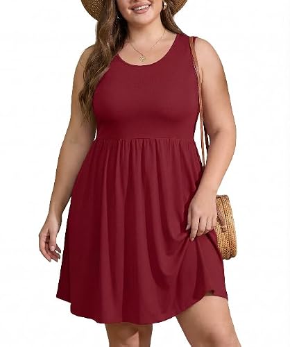 OLRIK Plus Size Summer Dress A-Line Mini Summer Sleeveless Empire Waist Easter Dresses for Women Plus Size with Pockets Wine Red-2X