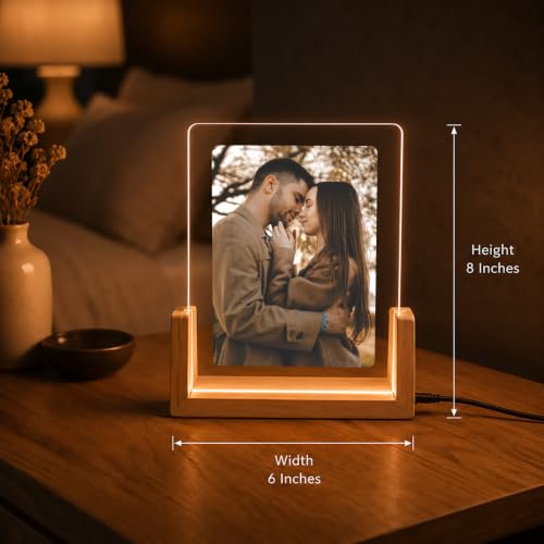 Image of Giftplease Personalized LED Acrylic Photo Frame with Wooden Base | Custom Engraved Photo Lamp | Customized Picture Frame Light | USB Powered Acrylic Night Lamp | Anniversary, Wedding, Birthday, Couple