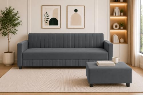 Image of Modern 3-Seater Velvet Sofa with Ottoman | Vertical Channel Tufted Backrest | Plush Cushioned Seating | Stylish Contemporary Sofa for Living Room, Bedroom & Office | Grey