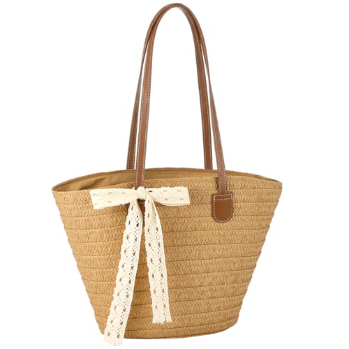 Bolso de paja tote grande para mujer con bolsillo interior con cierre miniatura 1