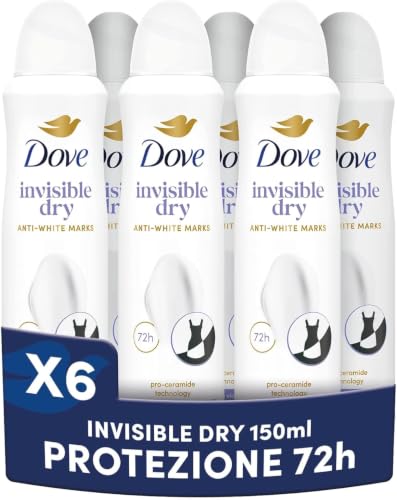 Dove Deodorante Spray Advanced Care Invisible Dry, con Formula Idratante e Delicata sulla Pelle, Formula Anti-macchia, Pelle Asciutta Fino a 72 Ore, Deodorante Uomo e Donna, 6 Pezzi da 150ml