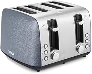 Tower T20053BLU 4 Slice Toaster, Ice Diamond Collection with Reflective Diamond Effect, Defrost/Reheat/Cancel Functions, 1800 W, Steel, Blue