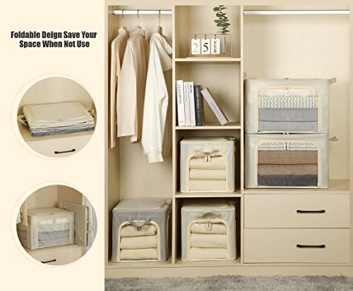 Image of 3 Opeings Large Clothes Storage Bins with Metal Frame, Foldable Storage Bin for Clothes, Clothing Storage Bins with Lid, Linen Storage Box With Clear Window& Zippers& Durable Handles.(3 Pcs,Beige,66L)