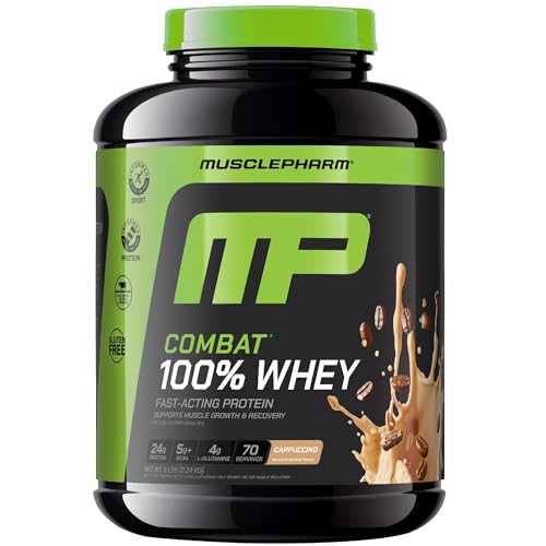 MusclePharm Combat 100% Whey Protein Powder, Cappuccino Flavor, Fast Recovery & Muscle Gain with Whey Protein Isolate, High Protein Powder for Women & Men, Gluten Free, 5 lb, 70 Servings